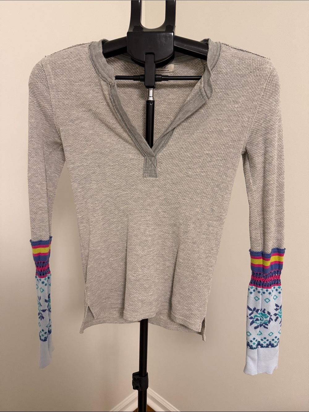 We The Free Light Gray Thermal Henley with Multicolor Patterned Cuffs
